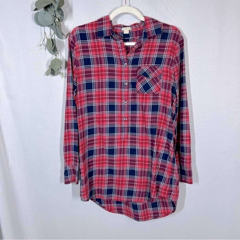 J Crew | Tunic Long Lined Plaid Button Down Top Shirt Pink Women’s Size Small